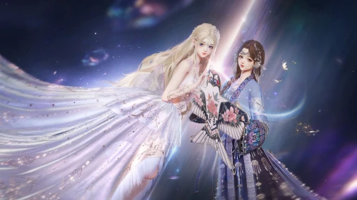 星夜双影共舞 奇幻场景 唯美风格 紫色调 4K