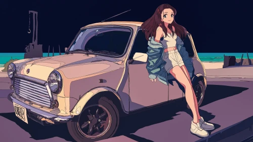 夜晚海边的复古车 夜晚 海边 复古车 1080P
