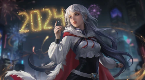 银发少女迎新岁 奇幻场景 新年主题 赛博朋克 4K