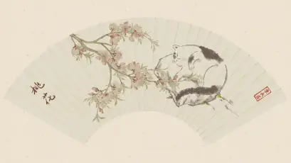 桃枝猫戏图 扇面画 写意花鸟 粉色桃花 1080P
