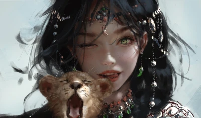 黑发女子与幼狮 奇幻插画 女性角色 动物相伴 4K