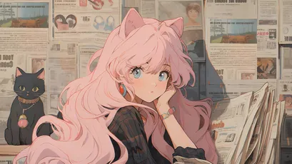 粉发少女与黑猫 动漫风格 粉色长发 猫耳 4K
