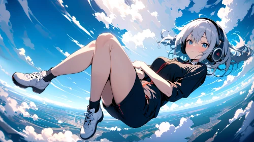 云端漂浮的少女 动漫风格 蓝天白云 耳机 4K