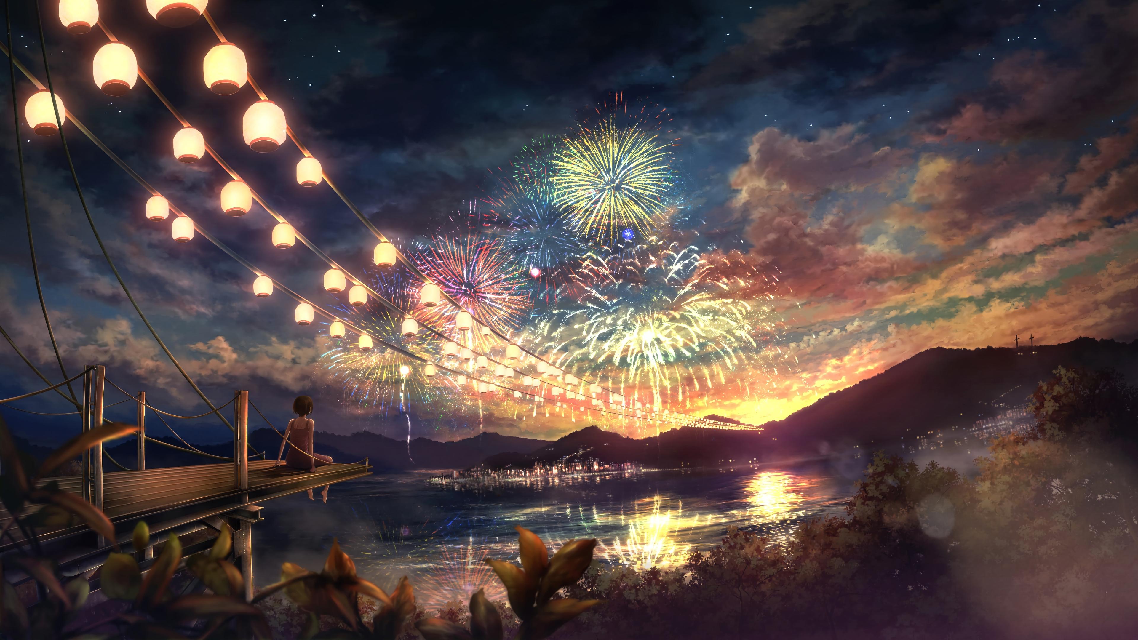 夏夜花火大会 烟花 动漫风格 夜景 4K