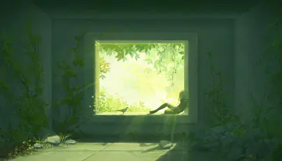 窗边静思的少女 室内场景 插画风格 绿色调 1080P