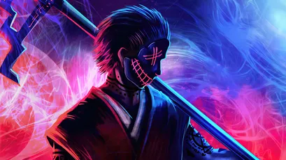 暗影武士 武士 动漫风格 霓虹色彩 4K