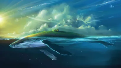 鲸鱼与小岛 梦幻场景 海洋生物 蓝色调 4K