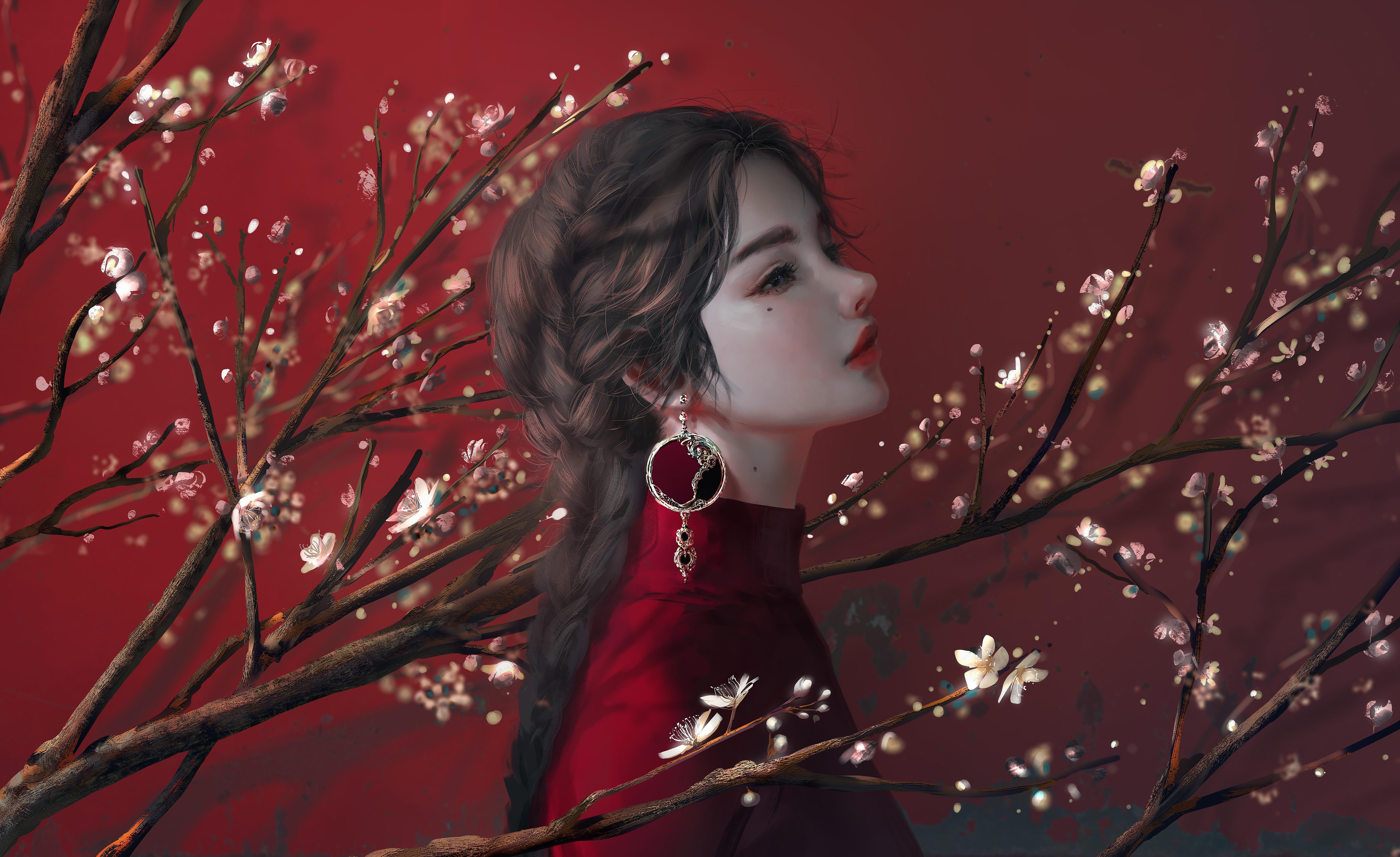 红衣女子与梅花 古风 插画 红色 8K