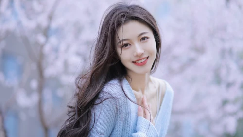 樱花树下微笑少女 户外 春日 樱花 4K