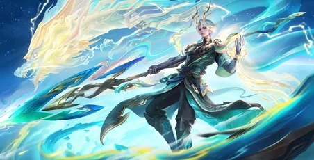 神秘法师与灵兽 奇幻场景 动态风格 蓝黄配色 8K