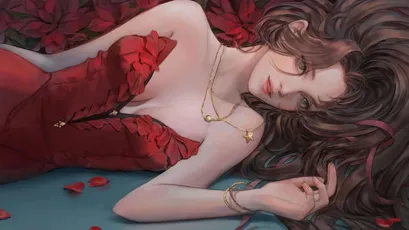 红裙女子静卧 插画 女性 红色 4K