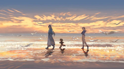 海边黄昏漫步 海滩 夕阳 温馨 1080P