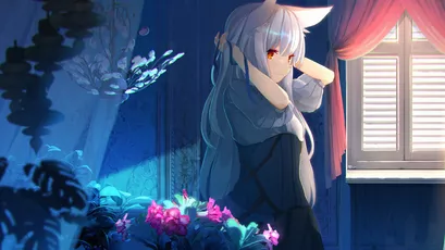 晨曦中的少女 动漫风格 室内场景 蓝色调 1080P